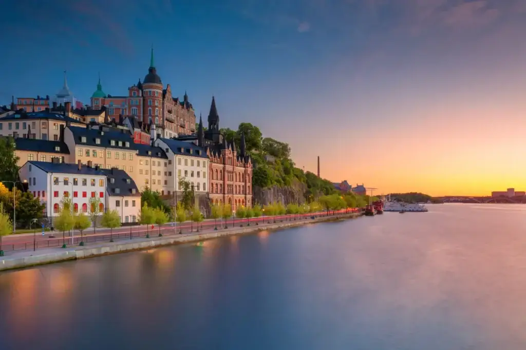 Sunset view over Stockholm’s Old Town featuring historic architecture and serene waterfront, Sweden