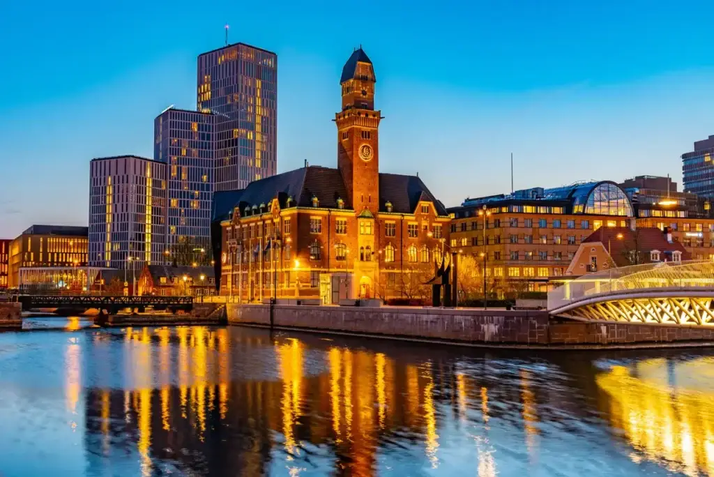 Sunset view of Malmo skyline featuring the World Maritime University and historic architecture, Sweden