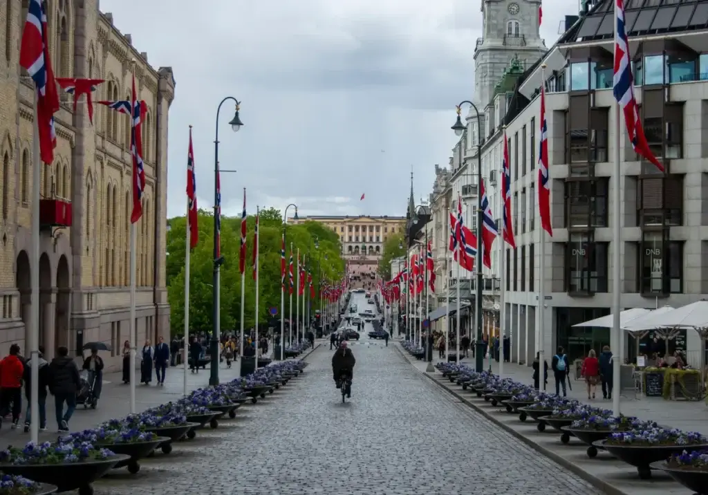 Decorated street in Oslo with Norwegian flags on National Day, showing a near-empty Karl Johans gate during the COVID-19 pandemic.