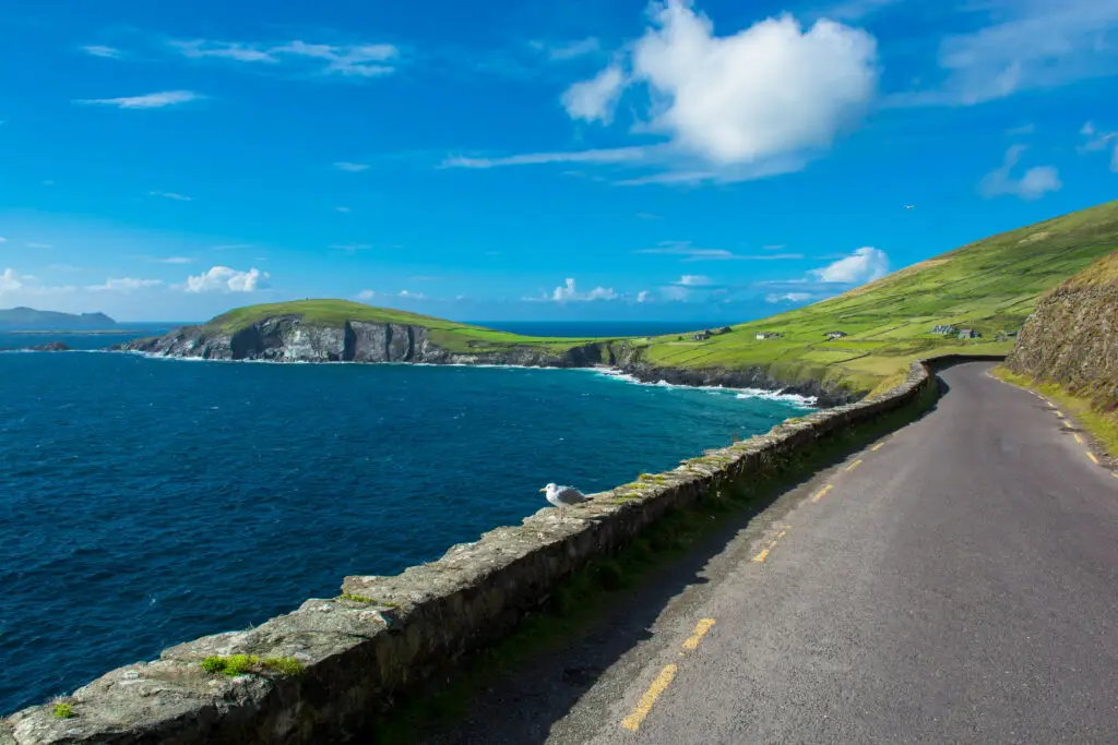 Scenic coastal road along Slea Head in Ireland overlooking cliffs, green hills, and the Atlantic Ocean under a bright blue sky