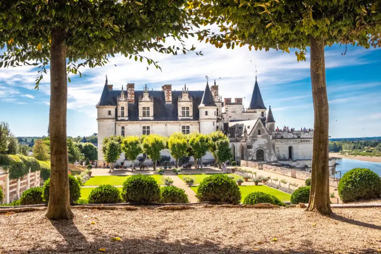 Château d’Amboise in the Loire Valley France surrounded by Renaissance gardens overlooking the Loire River on a sunny day