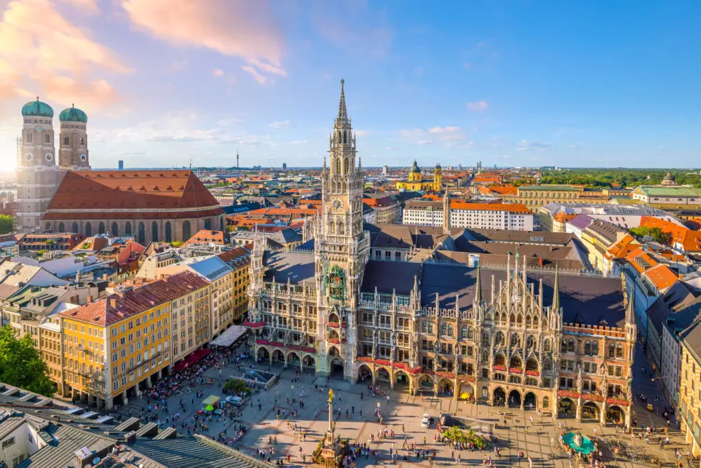 Aerial view of Marienplatz square with the New Town Hall and Frauenkirche in Munich Germany on a sunny day, popular destination for Europe private tours