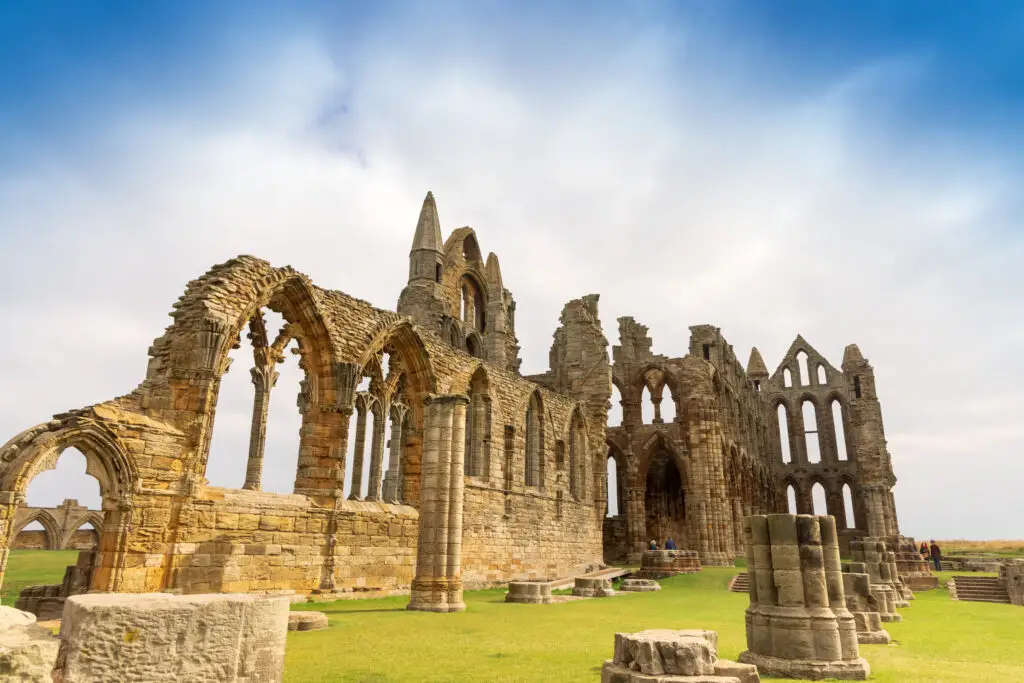 Ruins of Whitby Abbey in North Yorkshire England, historic medieval monastery and Benedictine abbey overlooking the coast, popular heritage site and tourist attraction