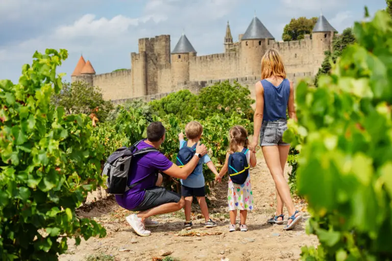 Family exploring the medieval fortress of Carcassonne in France during a private tour, admiring ancient stone walls and towers on a sunny day