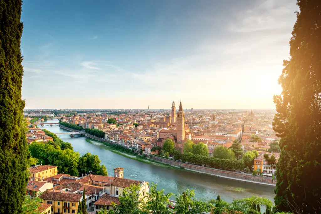 Panoramic view of Verona Italy with the Adige River and historic city center at sunset