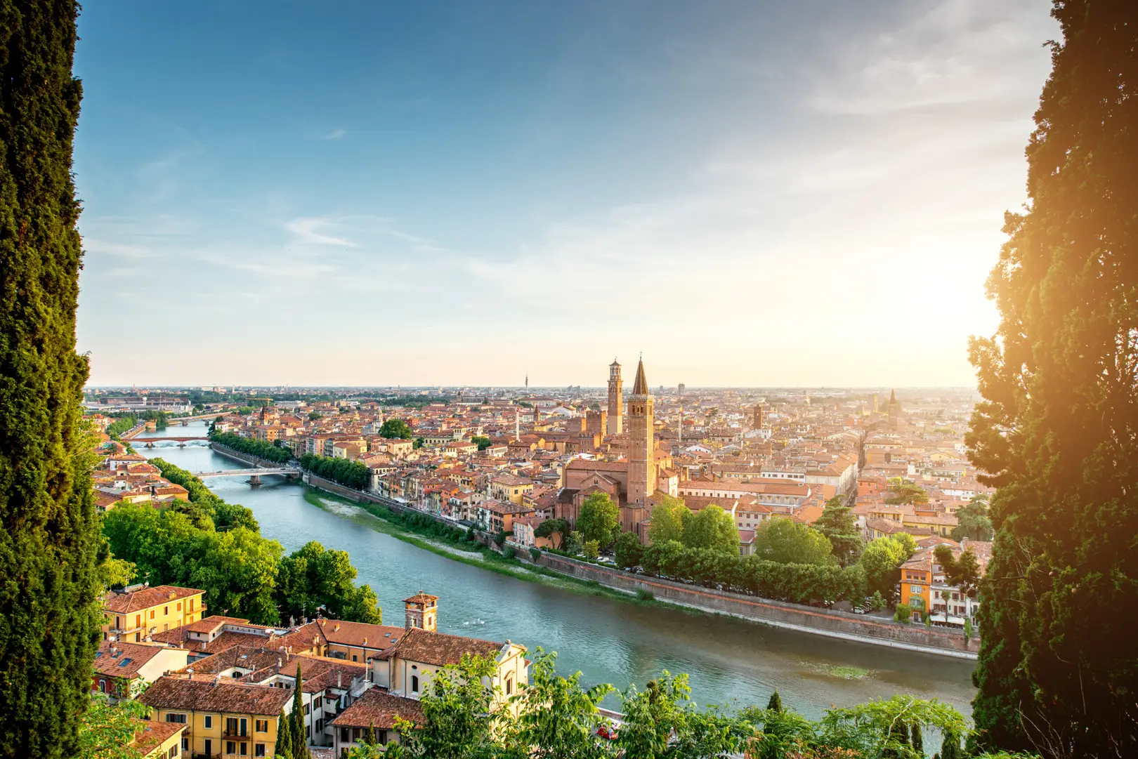 Panoramic view of Verona Italy with the Adige River and historic city center at sunset