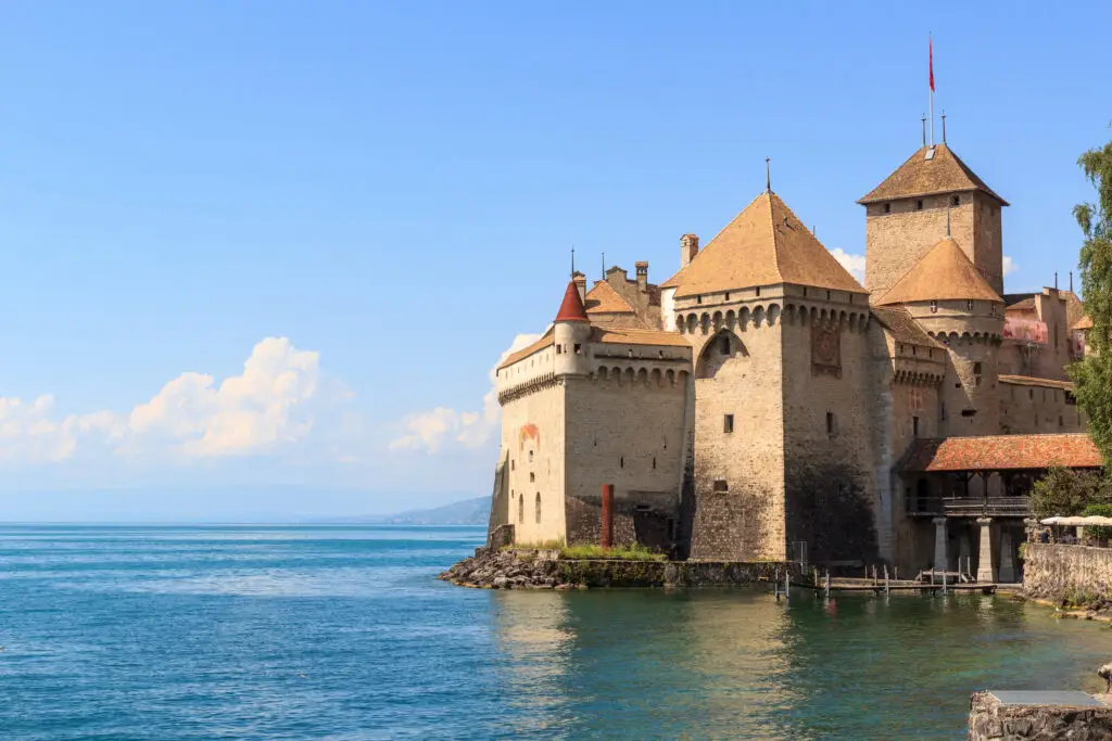 Chillon Castle on the shores of Lake Geneva in Switzerland, a popular historical landmark and tourist attraction near Montreux