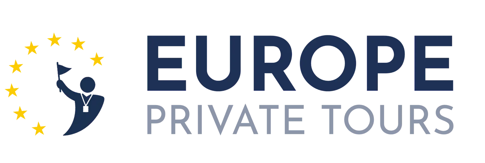 Europe Private Tours logo featuring a tour guide icon encircled by yellow stars representing European travel experiences