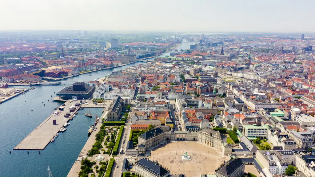 Aerial panoramic view of Copenhagen Denmark showcasing the historic city center, canals, and Amalienborg Palace on a sunny day