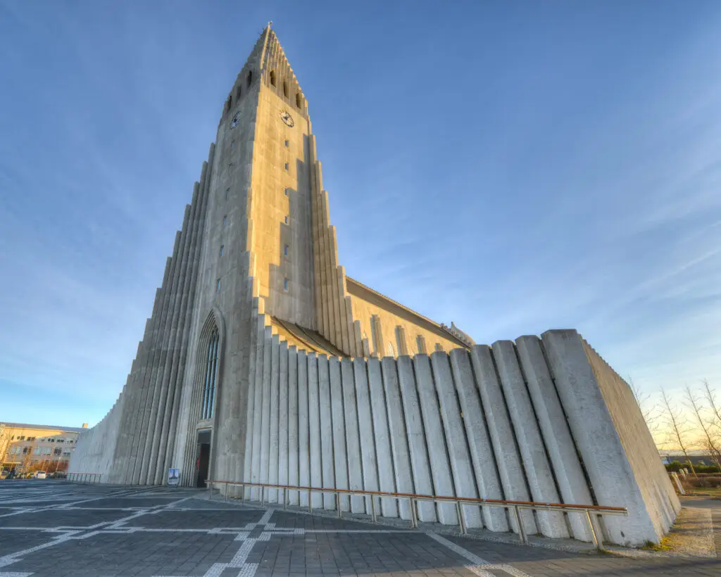Hallgrímskirkja church in Reykjavik Iceland with modern architecture under a clear blue sky
