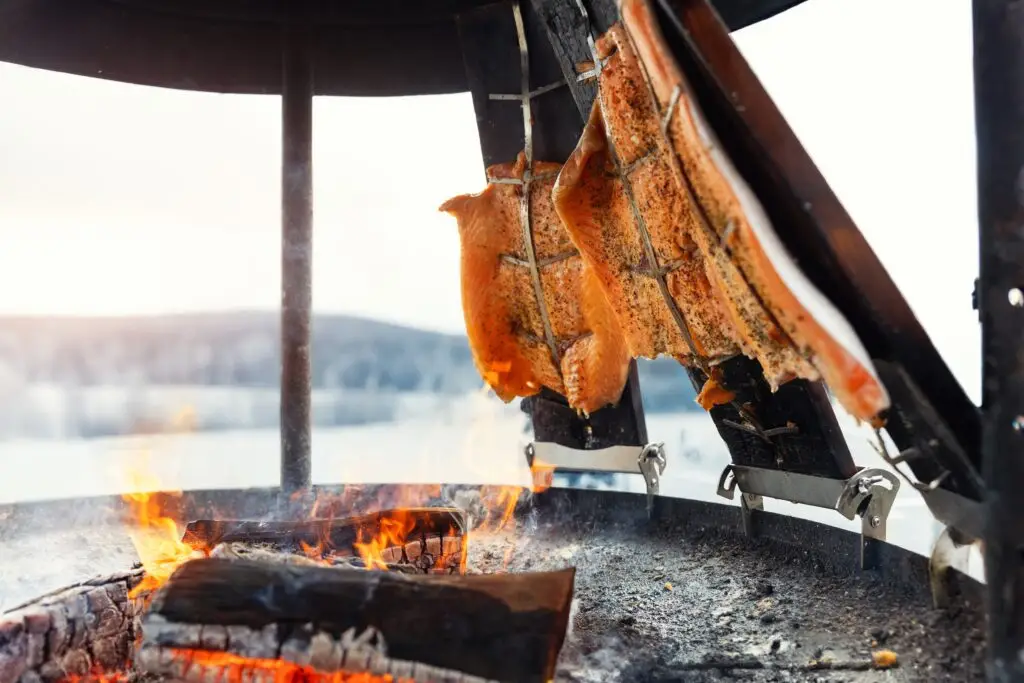 Traditional Finnish salmon grilling over open fire by the lakeside in Lappeenranta, Finland