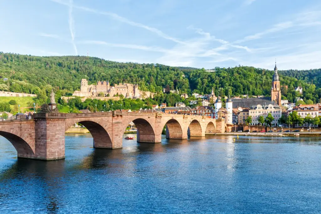 Historic stone bridge over the Neckar River with Heidelberg Castle and old town in Heidelberg, Germany
