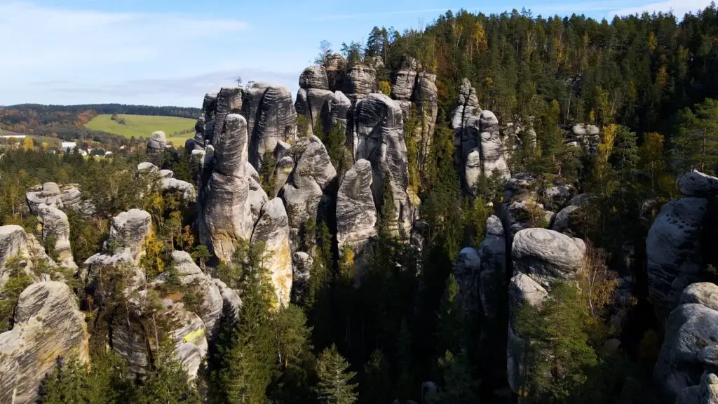 Scenic view of Adrspach-Teplice rock formations surrounded by forest in Adrspach, Czech Republic, a popular hiking and nature tourism destination in Europe