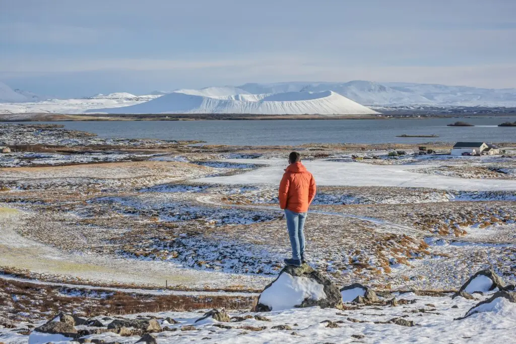 Traveler in winter jacket overlooking Lake Mývatn and volcanic landscape in North Iceland during a private tour