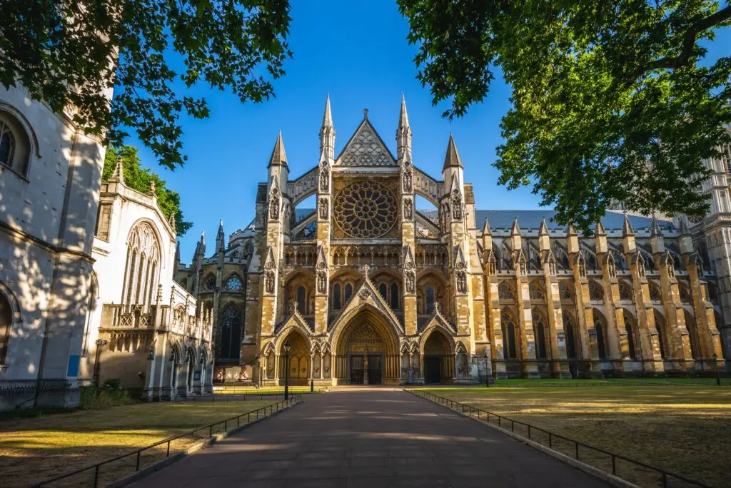 Westminster Abbey facade in London England showcasing Gothic architecture and a popular historical landmark for tourists in the UK