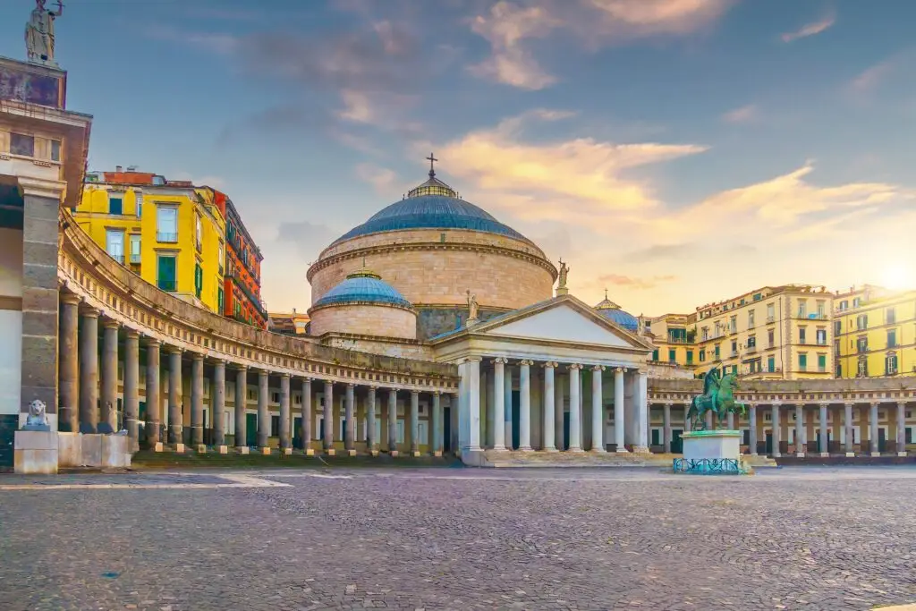 Piazza del Plebiscito and Basilica of San Francesco di Paola at sunset in Naples Italy