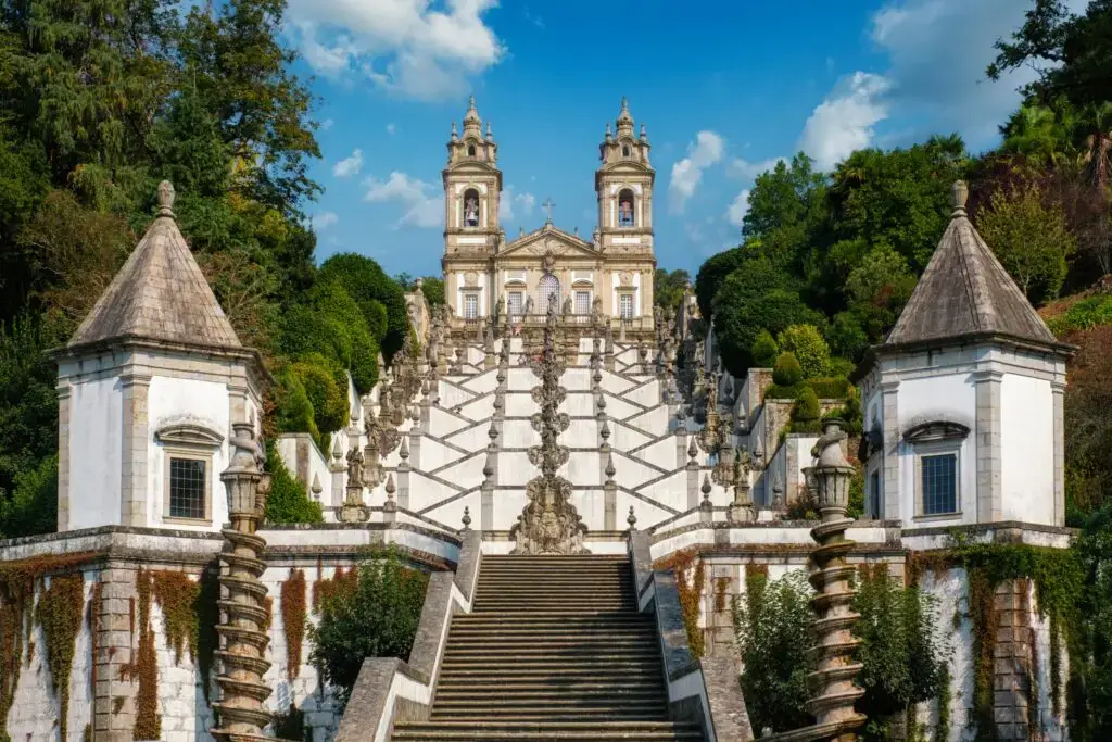 Bom Jesus do Monte Sanctuary with Baroque stairway and church in Braga, Portugal, a famous pilgrimage site and tourist attraction