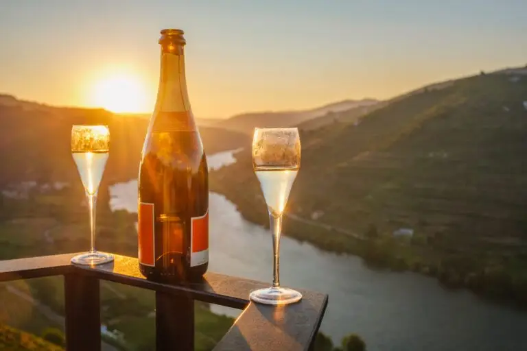 Bottle of sparkling wine with two glasses overlooking a scenic European river valley at sunset, perfect for romantic private tours and wine tasting experiences in Europe