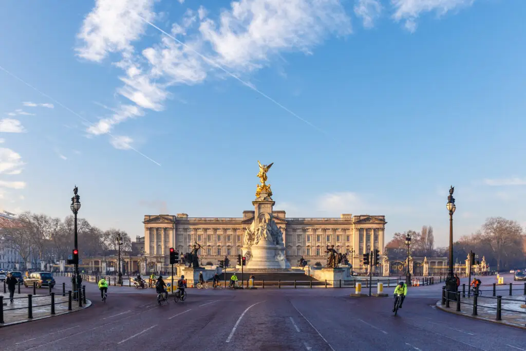 Buckingham Palace in early winter morning light, London, England – iconic royal landmark and popular tourist attraction